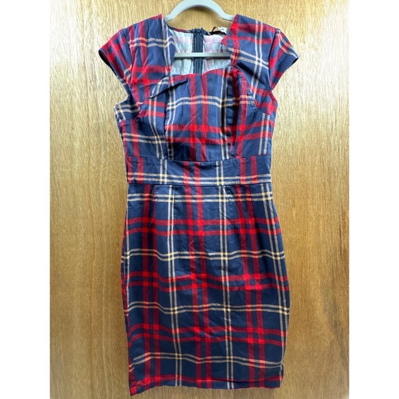 Grace Karin Dresses & Skirts - Grace Karin Plaid Sheath Dress Womens Size M Navy Red Cap Sleeve Bodycon